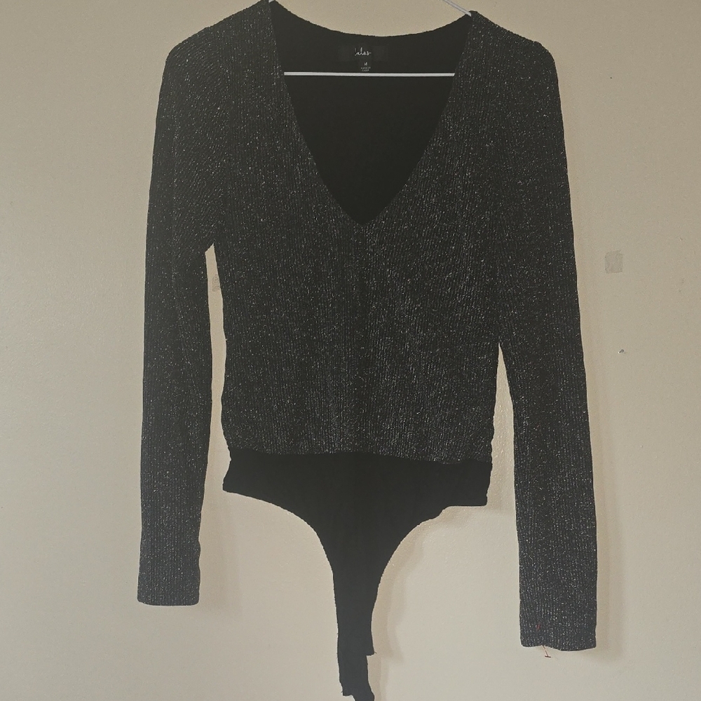 Lulu's Black Shimmer Long Sleeve Bodysuit